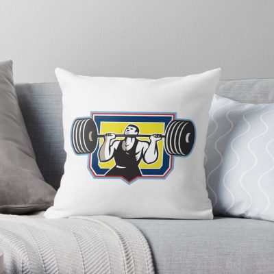 Weightlifter Lifting Heavy Barbell Retro Throw Pillow Official Weightlifter Merch